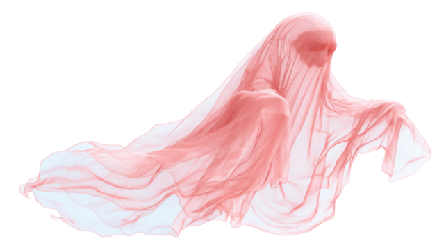 Ethereal flowing fabric creating a spooky ghost figure in red, symbolizing haunting, fear, and spiritual presence, isolated with transparent background