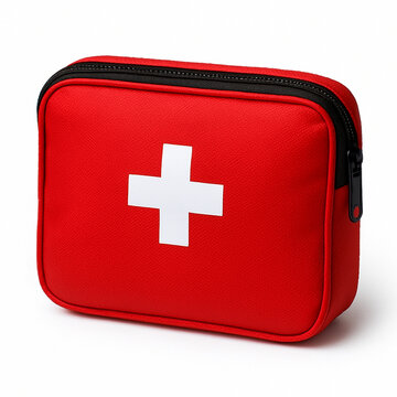 Red first aid medical kit bag isolated on white background