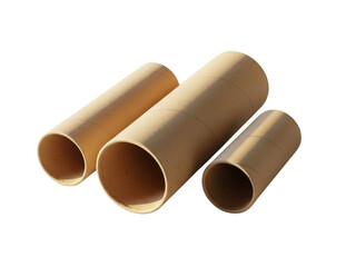 Three cardboard mailing tubes of different diameters and lengths resting on a white surface, isolated on transparent background