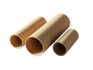 Three cardboard mailing tubes of different diameters and lengths resting on a white surface, isolated on transparent background