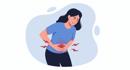 A vector illustration depicts a woman experiencing stomach pain, highlighting the discomfort and potential underlying diseases, perfect for medical and health-related content.