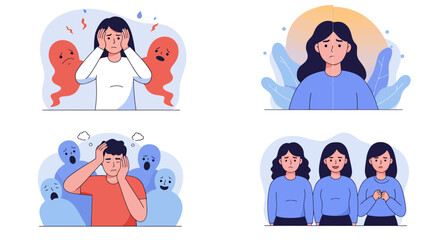 A vector illustration depicting people experiencing various mental health issues, including anxiety and depression, with stylized ghosts representing negative emotions and thoughts.