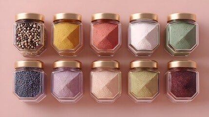 Elegant spice jars collection with vibrant colors and golden lids for gourmet cooking, adds a touch of modern style to any kitchen, perfect for food bloggers