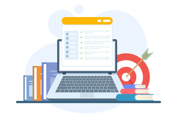 Illustration of a project management dashboard on a laptop with a checklist clipboard, representing task tracking, deadlines, and efficient workflow planning.
