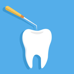 Vector illustration of healthy white teeth examined with a dental explorer tool on a blue backdrop, representing oral care, dentist equipment, and clinical dental checkups.
