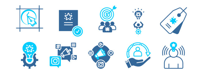 Brand icon collection set.Logo, identity, brand, Target market, strategy, innovation, marketing, advertising, customers, awareness. Simple flat vector.dual tone outlinestyle.
