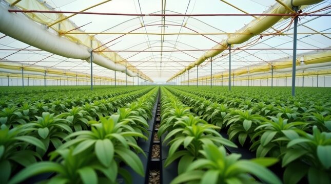 Rows of green plants growing inside a large greenhouse structure