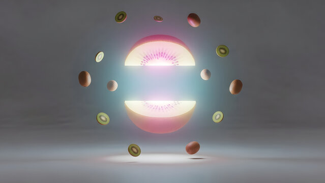 Luminous Kiwi Fruit Cross-Section with Floating Segments and Energy Glow