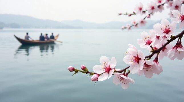 Serene lake with a boat and blooming cherry blossoms in spring