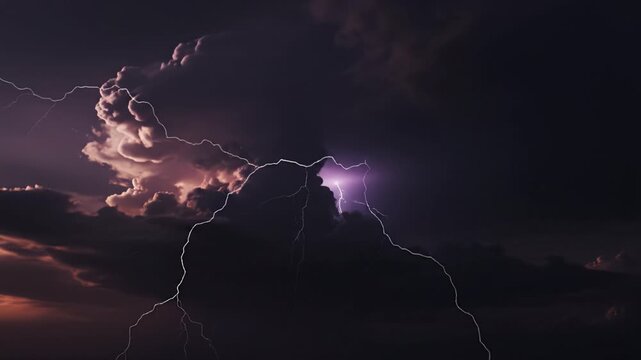 Lightning bolt storm with electric discharge illuminating dark night sky and dramatic thunderstorm clouds creating stunning atmospheric electricity and natural weather event at dusk