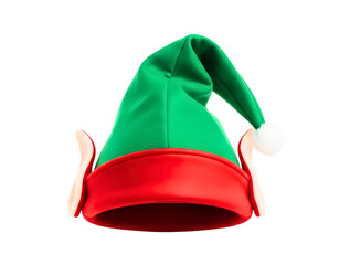 Green and red elf hat with white pompom isolated on transparent background
