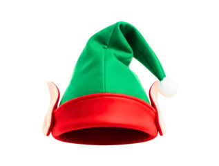 Green and red elf hat with white pompom isolated on transparent background