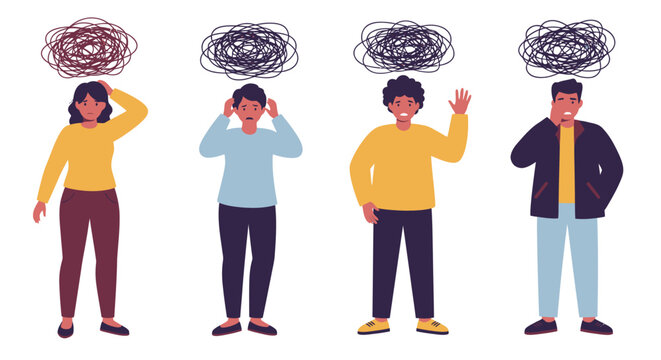 Four diverse people stand with chaotic scribbles above their heads, visually representing mental health struggles, stress, and anxiety in a clean vector illustration.