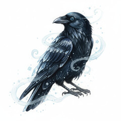 Naklejka premium Dark raven with gleaming feathers stands gracefully, emanating mysterious aura with subtle magical sparks and swirling light. intelligent bird observes with ancient wisdom, its presence evoking