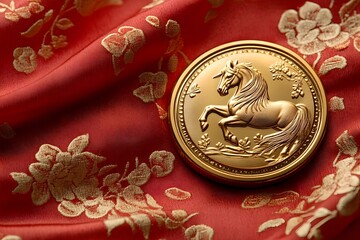Gold Coin with horse on Red Silk for Chinese New Year