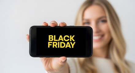 Happy woman holding smartphone displaying Black Friday sale promotion.