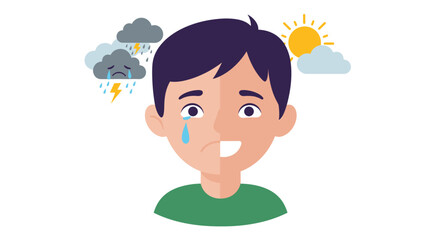 A vector illustration depicts a person experiencing contrasting emotions, showcasing both sadness with stormy clouds and happiness with sunshine, representing mental health and well-being.