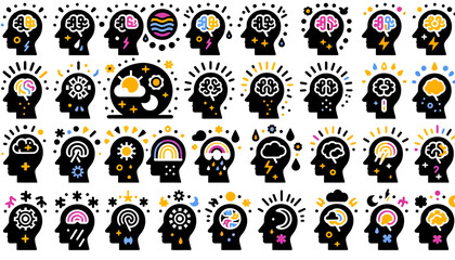 Obraz premium A comprehensive vector set showcases diverse mental states, psychological conditions, and brain functions represented through stylized head silhouettes, ideal for educational and medical