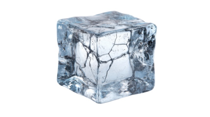 Ice cube showing cracks and cold texture, transparent frozen water element for beverage and refreshment concepts