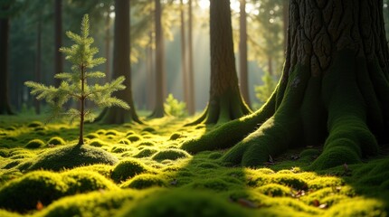 Sunlight streams through a lush green forest floor covered in moss