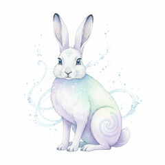 Obraz premium Beautiful white rabbit captured whimsical watercolor illustration, showcasing an ethereal and magical fantasy animal with subtle blue and purple pastel hues. tranquil creature emanates calm