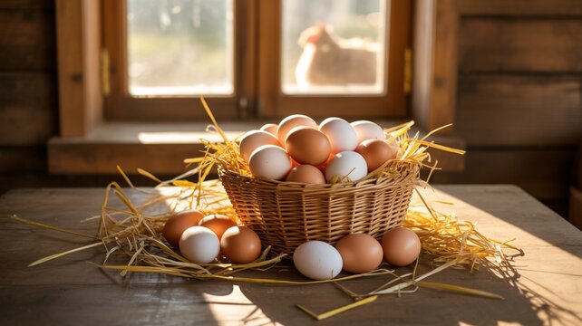 Fresh eggs in rustic basket bathed in golden sunlight near chicken coop window