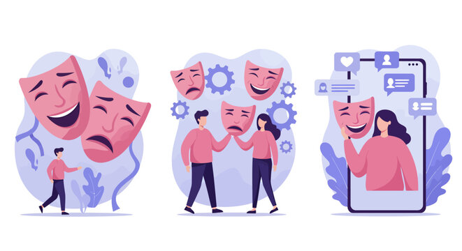 Conceptual vector illustration showcasing individuals managing mental health by confronting emotions, using masks as metaphors for hiding feelings, and seeking online support for well-being.