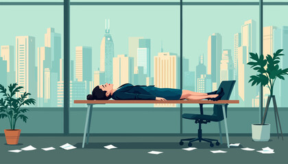An exhausted professional woman lies face down on an office desk, illustrating severe mental health challenges and burnout against a corporate city backdrop.