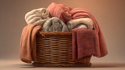 Obraz premium Freshly laundered towels in a wicker basket radiate a sense of home comfort and cleanliness, perfect for spa promotions or family lifestyle content