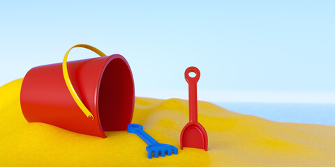 bucket and shovel and rake toys on beach 3D computer generated