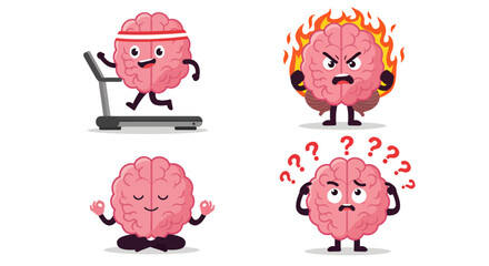 A vector illustration depicts various mental states of a cartoon brain, including exercise, anger, meditation, and confusion, representing concepts of health, stress, and well-being.