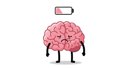 A vector illustration depicts a sad brain character with arms and legs, symbolizing mental health challenges and stress, alongside a low battery icon, highlighting exhaustion and burnout.