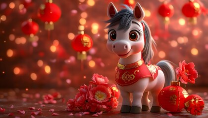 Cartoon horse with Lanterns & Flowers for 2026 New Year