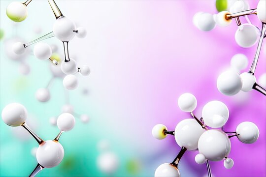Abstract image of molecular structures with white spheres and connecting rods, set against a gradient background of purple, green and white. - Powered by Adobe