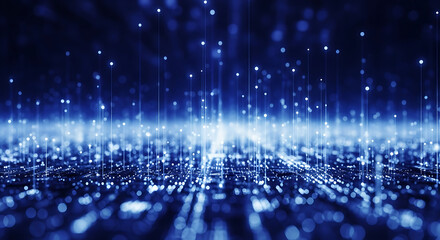 Abstract blue digital background with light trails and data particles moving upwards, representing technology, internet, and global communication network