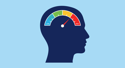 A conceptual flat vector illustration depicting a human head silhouette with an internal stress gauge indicating high levels of pressure and mental overload.