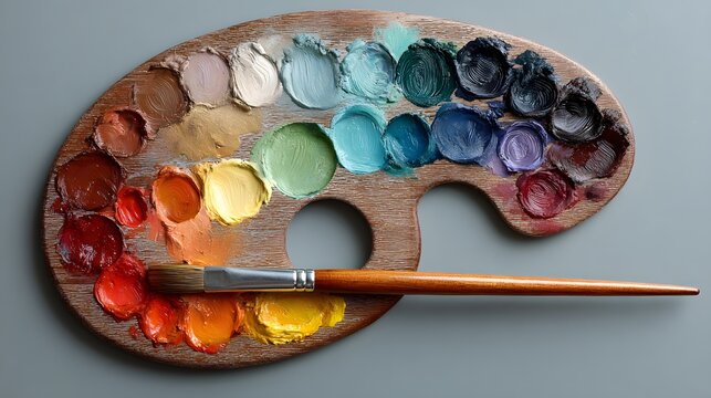 Vibrant artist palette with vivid colors and paintbrush, perfect for creative projects, art education, and inspiring artistic expression and design concepts