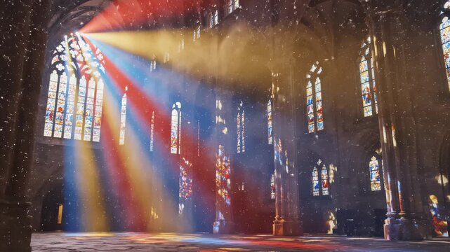 Sunlight Beams Through Stained Glass Windows in Old Church Interior
