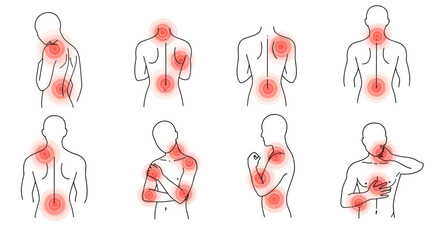 This medical illustration depicts various human figures experiencing pain in different parts of their body, highlighted by red circles on a clean white background.
