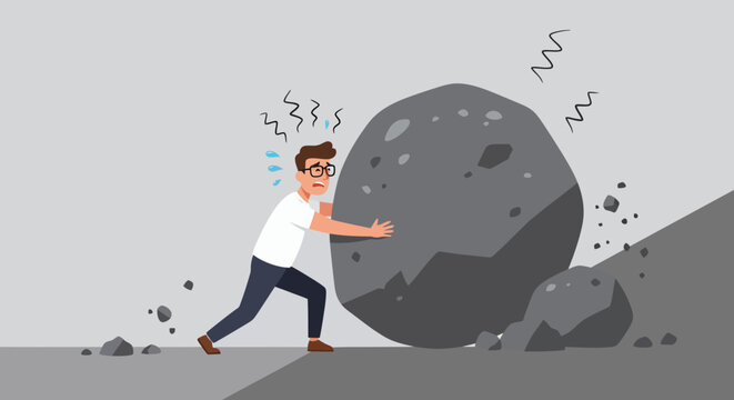 A man struggles with immense effort to push a massive boulder up a steep hill, symbolizing overwhelming stress and the heavy burden of depression.