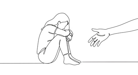 A minimalist continuous line drawing illustrates a person feeling overwhelmed and isolated, with a compassionate hand reaching out to offer comfort and support.