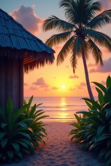 Tropical beach bungalow at sunset with palm tree and ocean view