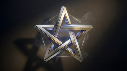 Obraz premium This artwork features a highly detailed 3D metallic pentagram crafted with a polished gold-silver finish.