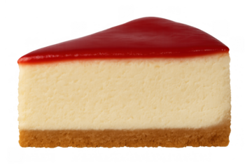 Cheesecake slice featuring a creamy filling and a vibrant strawberry topping, with a crispy cookie crust, transparent background