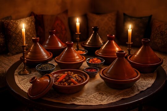 Cozy Evening Setting with Multiple Clay Tagines and Bowls of Spices Under Soft Candlelight, Traditional Moroccan Meal