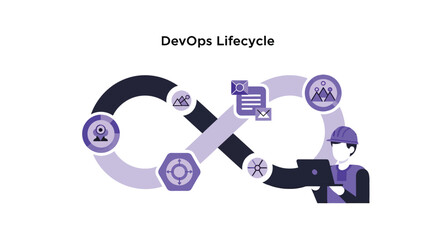 Devops engineer working on laptop, navigating the software development lifecycle with collaboration and automation for efficient workflow and continuous improvement.
