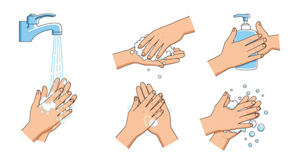Detailed vector illustration showing the proper steps for washing hands with soap and water, emphasizing hygiene and health, presented on a clean white background.