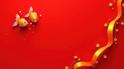 Two goldfish swimming on a vibrant red background with golden ribbon