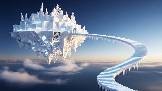 Floating ice palace and winding staircase in a surreal sky above clouds with a magical frozen fantas