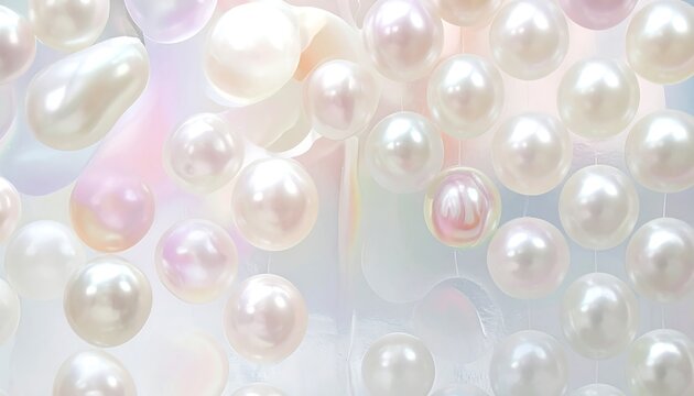 A close-up showcases lustrous pearls scattered against a soft, abstract background of pastel hues. The delicate orbs catch the light, creating a serene and elegant composition